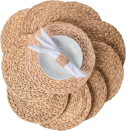 13.8" Set of 10 Round Water Hyacinth Placemats | Boho Woven Rattan Table Mats | Farmhouse Wicker Spring Plate Chargers Like Corn Husk, Seagrass for Wedding, Party, Christmas, Events