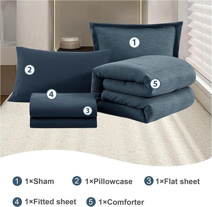 Geniospin Twin Comforter Set - 5 Pieces Comforter Twin Size, Solid Bedding Sets for All Season, Textured Bed in a Bag with Flat Sheet and Fitted Sheet, Pillowcases and Shams (Navy Blue, 66''x86'')