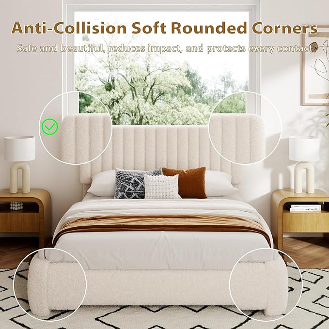 Queen Size Boucle Bed Frame, Upholstered Cloud Platform Bed Frame with Adjustable Headboard, Vertical Tufted, Soft Rounded Corners, No Box Spring Needed, Noise Free Design, Easy Assembly, Beige