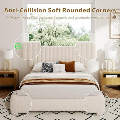 Queen Size Boucle Bed Frame, Upholstered Cloud Platform Bed Frame with Adjustable Headboard, Vertical Tufted, Soft Rounded Corners, No Box Spring Needed, Noise Free Design, Easy Assembly, Beige