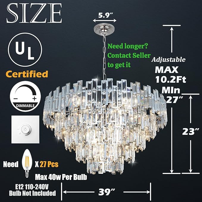 Entryway Chandeliers for High Ceilings Chrome Crystal Chandelier Light Fixture Living Room Foyer Staircase 39'' Large Modern Crystal Chandelier Lighting