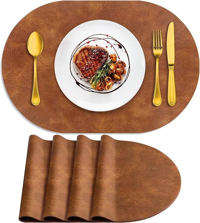 ADRIMER Placemats, Heat Resistant Oval Placemats Set of 4 Washable 12 x 17 Inch, Waterproof Table Mats, Wipeable Pu Place Mats for Kitchen, Dining Room, Turmeric Brown