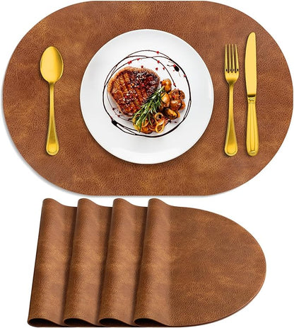 ADRIMER Placemats, Heat Resistant Oval Placemats Set of 4 Washable 12 x 17 Inch, Waterproof Table Mats, Wipeable Pu Place Mats for Kitchen, Dining Room, Turmeric Brown