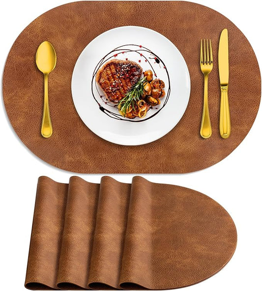 ADRIMER Placemats, Heat Resistant Oval Placemats Set of 4 Washable 12 x 17 Inch, Waterproof Table Mats, Wipeable Pu Place Mats for Kitchen, Dining Room, Turmeric Brown