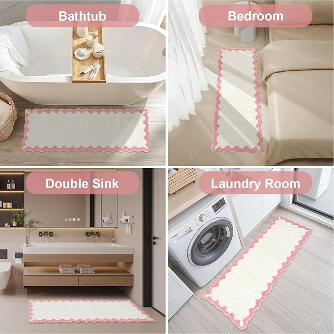 ORTIGIA Long Cute Scalloped Bathroom Rugs Runner, Fun White and Pink Plush Microfiber Scallop Bath Mats Non Slip Washable Quick Dry Absorbent, Rug for Bathtub Sink Laundry Room Bedroom, 17x47