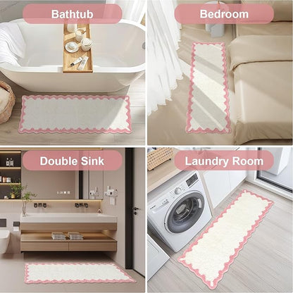 ORTIGIA Long Cute Scalloped Bathroom Rugs Runner, Fun White and Pink Plush Microfiber Scallop Bath Mats Non Slip Washable Quick Dry Absorbent, Rug for Bathtub Sink Laundry Room Bedroom, 17x47