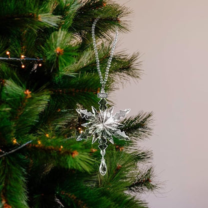 2025 Christmas Ornament Crystal Snowflake with Crystal Drop Pendant and 2025 Engraved Tag for Winter Christmas Tree Decoration Keepsake Gifts Clear