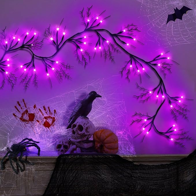 6 Ft 54 LED Halloween Willow Vine Twig Decor Garland with 8 Modes Timer Waterproof Battery Operated Scary Halloween Decorations for Home Wall Mantle Fireplace Decor