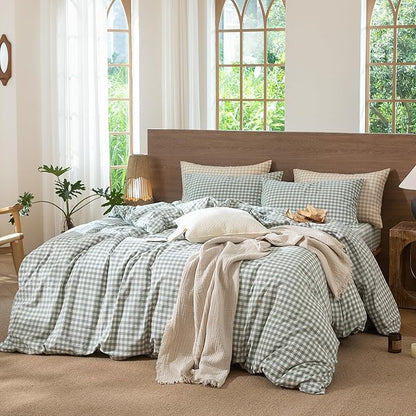 MooMee Gingham Duvet Cover Set 100% Washed Cotton Linen Like Textured Breathable Durable Soft Comfy Modern Checkered Design (Sage Green Gingham, Queen 90"x90")