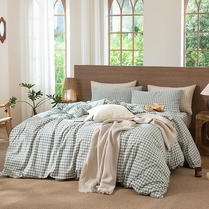 MooMee Gingham Duvet Cover Set 100% Washed Cotton Linen Like Textured Breathable Durable Soft Comfy Modern Checkered Design (Sage Green Gingham, Twin 68"x90")