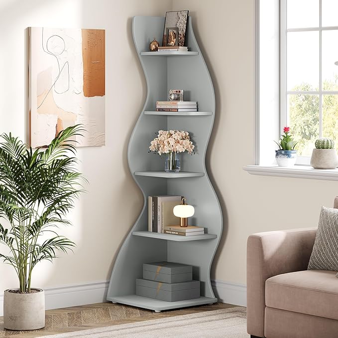 Tribesigns Wavy Corner Shelf, Modern 5-Tier Bookshelf Bookcase with Curvy Shape, Unique Plant Stand Display Rack for Living Room Small Space (Blue)