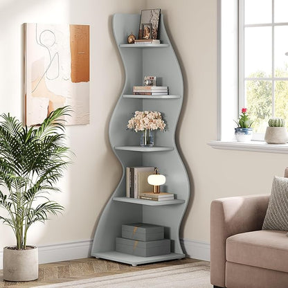 Tribesigns Wavy Corner Shelf, Modern 5-Tier Bookshelf Bookcase with Curvy Shape, Unique Plant Stand Display Rack for Living Room Small Space (Blue)