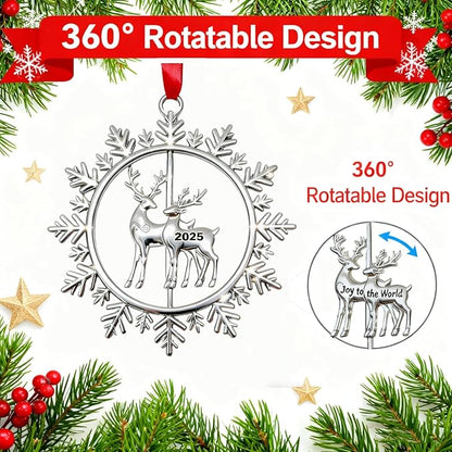 Christmas Ornaments 2025 for Tree Decoration Metal Snowflake Ornament 2025 Dated Xmas Wreath with Rotatable Reindeer Shiny Silver Holiday Decorative Keepsake Gifts for Family Friends