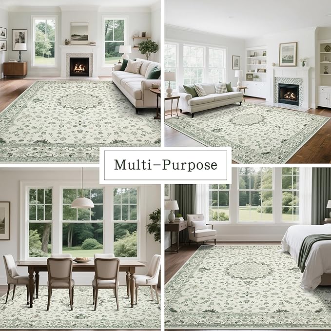 Washable Rugs 8x10 Area Rugs for Living Room,Rugs for Bedroom,Large Carpets,Ultra Soft Faux Wool Retro Dining Room Rug,Non Slip&Non-Shedding Low Pile Vintage Print Rug for Home Office-Green