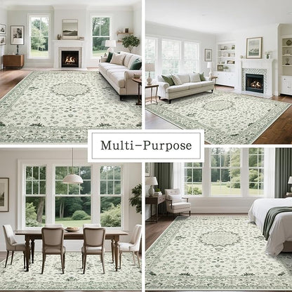 Washable Rugs 8x10 Area Rugs for Living Room,Rugs for Bedroom,Large Carpets,Ultra Soft Faux Wool Retro Dining Room Rug,Non Slip&Non-Shedding Low Pile Vintage Print Rug for Home Office-Green