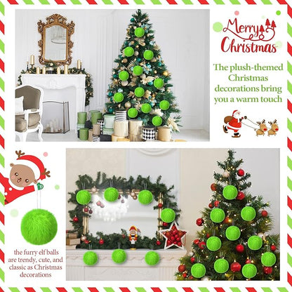 12Pcs Furry Christmas Ball Ornament for Xmas Tree Lime Green Soft Faux Fur Pom Pom Ball Ornaments Christmas Tree Hanging Decorations for Winter Party Home Decor Costume Supplies