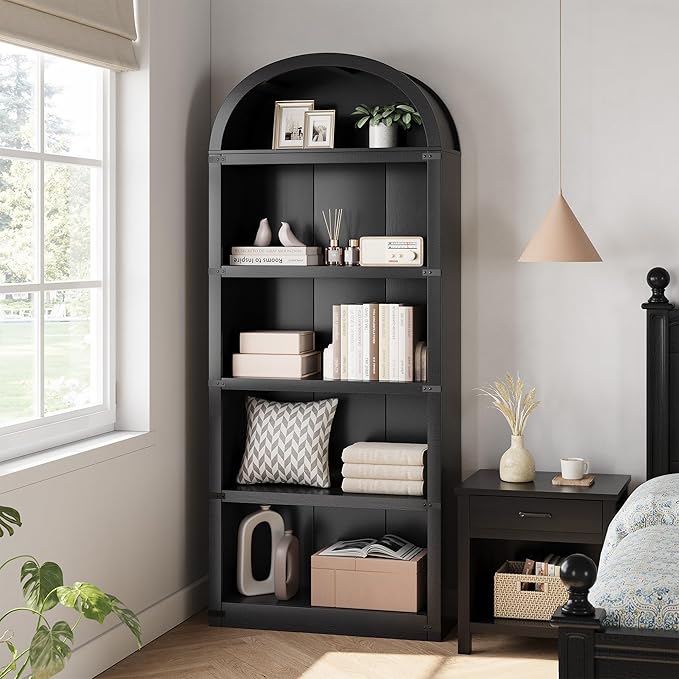 GarveeHome Bookcase 5 Shelf Arched Bookshelf 71.65 in Tall Bookcase Farmhouse Display Storage Rack Wooden Bookshelves for Home Office, Living Room