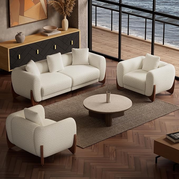 Morden Fort 3 Piece Boucle Sofa Set, Modern Upholstered Couches Sofas Set Durable Comfy Boucle Pet-Friendly, 2 Arm chairs & 3-Seater Sofa Sets for Living Room Bedroom Apartment, Beige