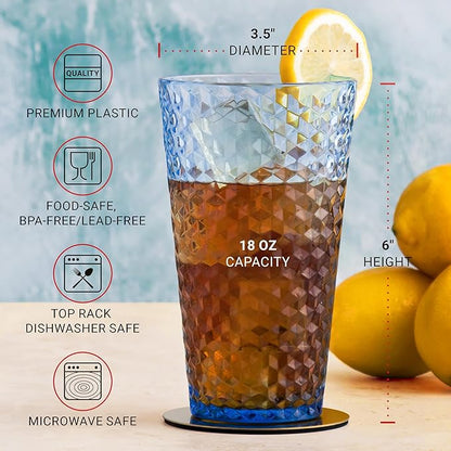 Laguna Plastic Drinking Glasses, Premium Quality Durable BPA-Free Water Tumblers, Dishwasher-Safe, Stackable Cups in Assorted Colors, 18 oz Set of 12
