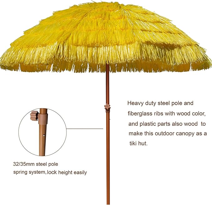 AMMSUN 7.5ft Hula Thatched Tiki Patio Beach Umbrella Hawaiian Style 10 Ribs UPF 50+ with Tilt Carry Bag for Outdoor Tiki Bar, Tropical Palapa, Patio Garden Beach Pool Backyard Yellow