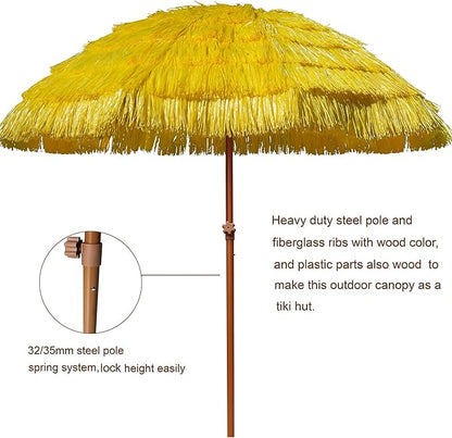 AMMSUN 7.5ft Hula Thatched Tiki Patio Beach Umbrella Hawaiian Style 10 Ribs UPF 50+ with Tilt Carry Bag for Outdoor Tiki Bar, Tropical Palapa, Patio Garden Beach Pool Backyard Yellow