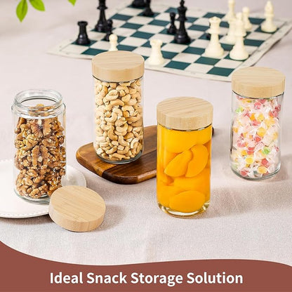 DRKIO 24 Oz Overnight Oats Containers with Bamboo Lids - 4 Pack Glass Storage Jars with Airtight Lids Wide Mouth Mason Food Jars Great for Meal Prep Salad Chia Pudding Snacks Yogurt Sugar Spice