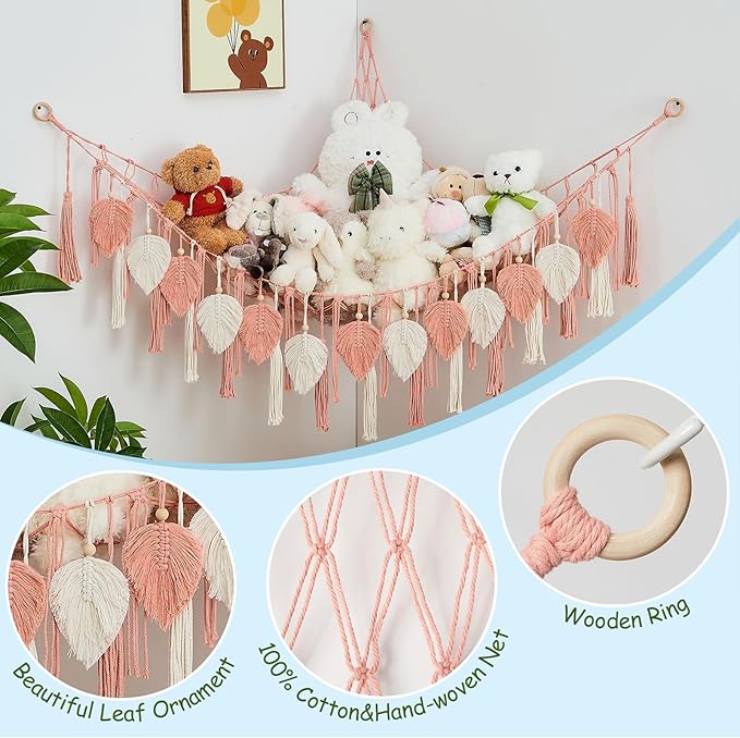 Pretty Jolly Stuffed Animal Storage with Hand Woven Leaf Tassels Hammock Corner Hanging Net Boho Macrame Storage for Kid Room Nursery Decor Corner Wall Display Organizer for Girls Gift(Leather Pink)