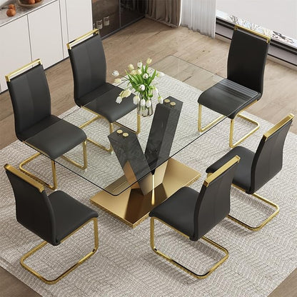 71" Glass Dining Table Set for 6, Dining Table Set 6, Modern Kitchen Table and 6 PU Chairs, Tempered Glass Top and MDF Base, Dining Room Table Set for 6