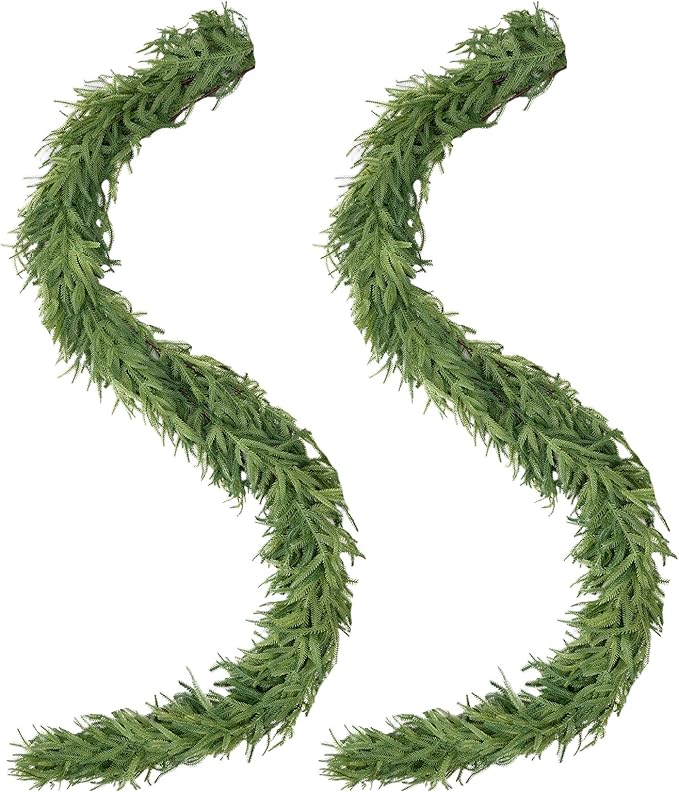 2Pcs Norfolk Pine Garlands, Real Touch Natural Winter Pine Christmas Garland, 6FT Artificial Greenery Garland for Mantle, Wall, Indoor, Outdoor Christmas Decorations Porch Decor