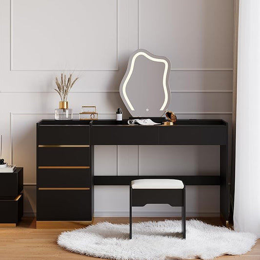homary Vanity Desk with LED Mirror, Makeup Vanity with Power Outlet and Tempered Glass Top, Makeup Table with 6 Drawers, 3 Lighting Modes Vanity Table with Chair for Bedroom