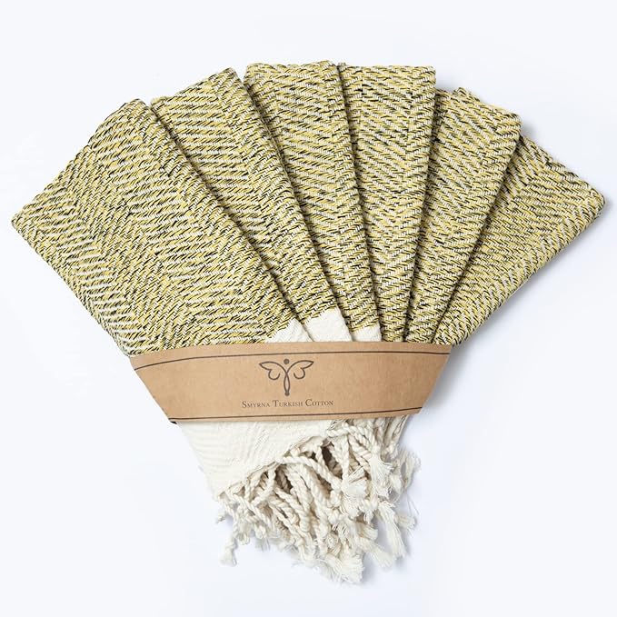 SMYRNA TURKISH COTTON Herringbone Series Kitchen Dish Towels Pack of 6, Machine Washable Wash Cloths, Ultra Soft, Absorbent, Prewashed and Quick Dry Turkish Dish Towels, 12x12 Inch (Yellow)