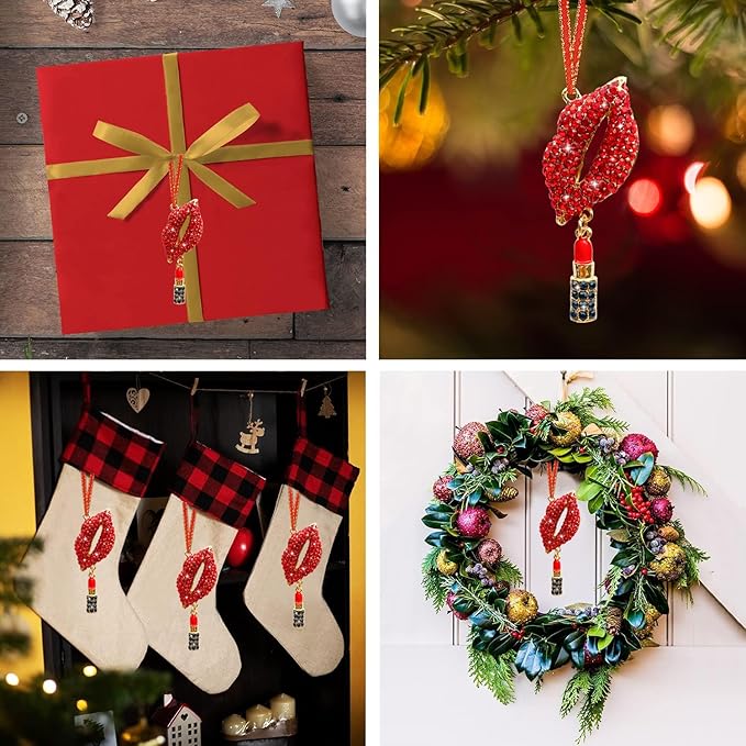 Red Lips Christmas Ornament Red Rhinestones Lip Ornaments for Christmas Tree Metal Lip Hanging Christmas Ornaments Decorations Sexy Lips Xmas Tree Keepsake Gifts for Women Girls Sister Mom