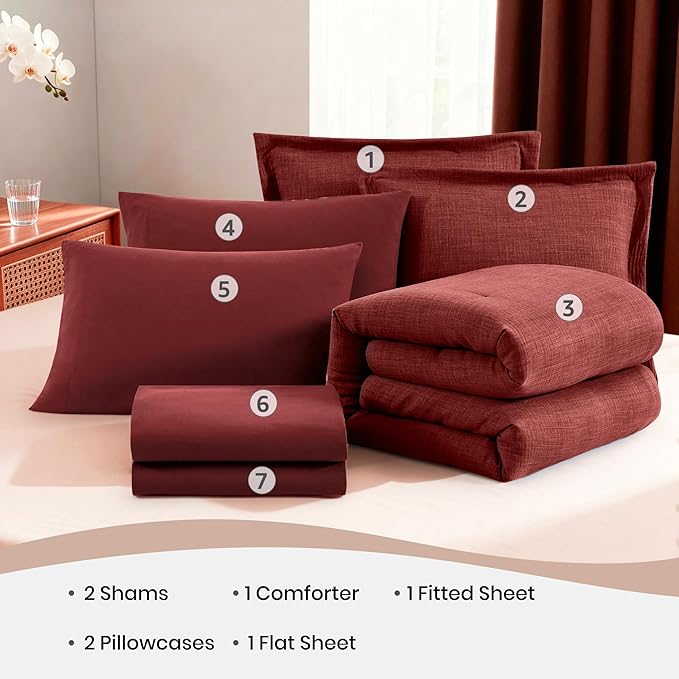 Geniospin Bright Red Full Comforter Set - 7 Pieces Comforter Full Size, Solid Bedding Set for All Season, Textured Bed in a Bag with Sheets