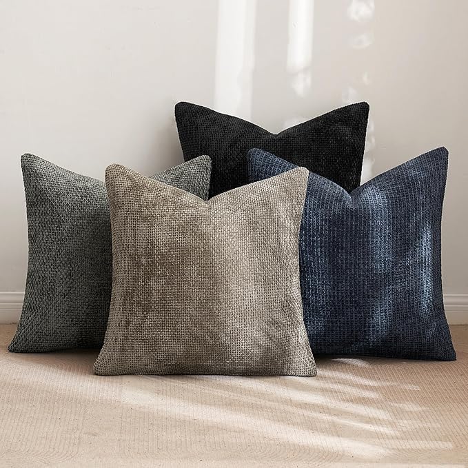 MIULEE Pack of 4 Throw Pillow Covers 20x20 Inch Neutral Navy/Grey Soft Decorative Chenille Pillow Covers Farmhouse Accent Cushion Covers for Boho Home Decor Bedroom Living Room