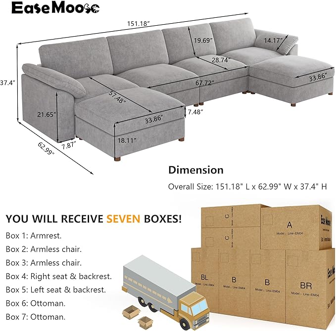 EASE MOOSE Oversized Sectional Modular Sofa with Ottoman,Modern Luxury Deep seat U Shape Modular Sofa Removable and Washable
