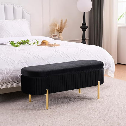 Velvet Storage Bench for Bedroom Upholstered End of Bed Bench Modern Ottoman with Gold Legs for Living Room/Window/Entryway (Black, Oval-45.5" W)