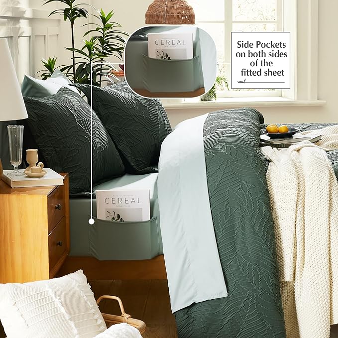 Geniospin Queen Comforter Set - 7 Pieces Dark Green Bedding Set, Botanical Textured Comforter Bed Set, All Season Lightweight Bed in a Bag with Comforter, Sheets, Pillowcases & Shams