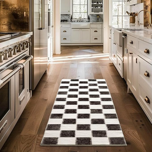 EVERGRACE Checkered Plaid Area Rug 2x6, Soft Fuzzy Faux Wool Rugs Washable Anti Slip Rugs Long Runner Rug Carpet for Entryway Bedroom Living Room Hallway Kitchen Dining Room and Laundry Room, Black