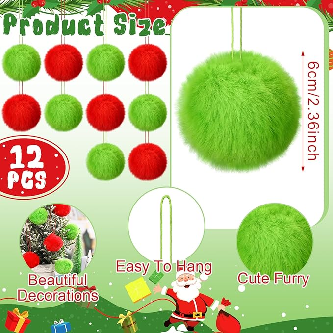 Gejoy 12 Pcs Red and Green Furry Christmas Ball Ornaments for Tree Red and Green Christmas Hanging Decorations Soft Faux Fur Pom Pom Ball Ornaments for Home Party Supplies Fireplace Mantel Wall Decor