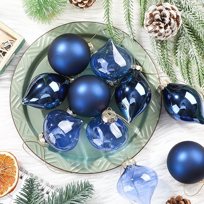 Zomiboo 12 Pcs Navy Blue Glass Christmas Ball Ornaments Set 3.15" Hanging Shatterproof Glass Bulbs for Christmas Tree Baubles Bulk for Holiday Xmas Tree Decorations Gifts