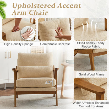VINGLI Solid Wood Wide Armrests Accent Chair,Upholstered Mid Century Modern Chair with Pillow,Comfy Reading Chair Farmhouse Arm Chair,Chairs Living Room,Bedroom,Guest Room,Teddy Fleece,Khaki