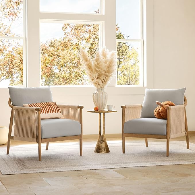 CHITA Braid Accent Chair Set of 2, Modern Armchair with Solid Wooden Armrest for Living Room and Bedroom, Boho Reading Chair, Light Grey