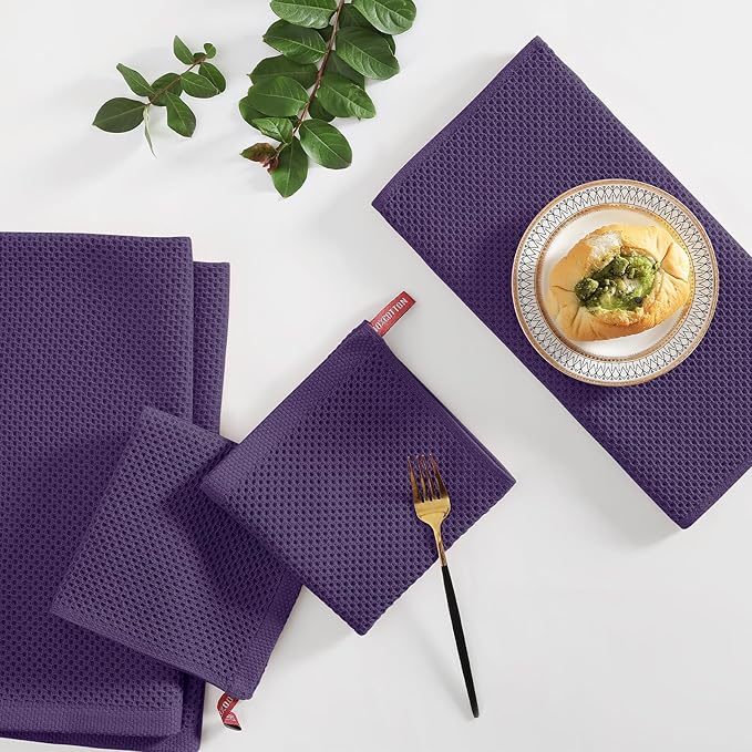 Homaxy 100% Cotton Kitchen Towels and Dishcloths Set, 12 x 12 Inches and 13 x 28 Inches, Set of 10 Bulk Kitchen Towels Set, Ultra Soft Absorbent Dish Cloths for Washing Dishes, Eggplant