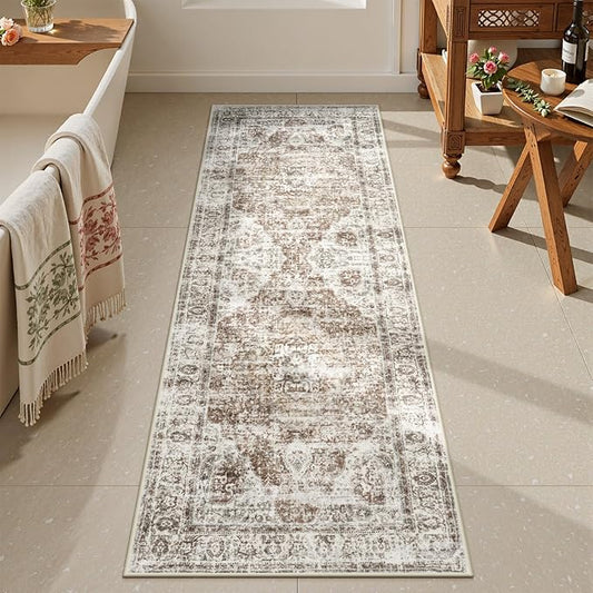 Uphome Bathroom Rugs Runner, Distressed Farmhouse Boho Khaki Bath Mat, Non Slip Washable Long Bath Rugs, Vintage Traditonal Soft Velvet Bathroom Runner for Bathtub Sink Shower, 20x60 inch