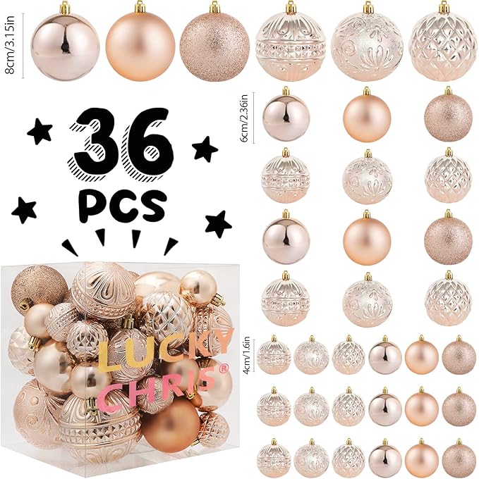 Christmas Ball Ornaments Champagne Christmas Tree Decorations with Hang Rope-36pcs Shatterproof Christmas Ornaments Set with 6 Styles in 3 Sizes(Small Medium Large)