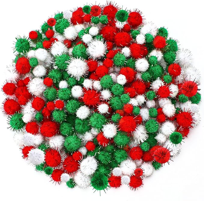 UPINS 600 Pcs Christmas Pom Poms Balls, Glitter Red Green White Craft Balls for Christmas Party DIY Creative Crafts Decorations Supplies (3 Size)