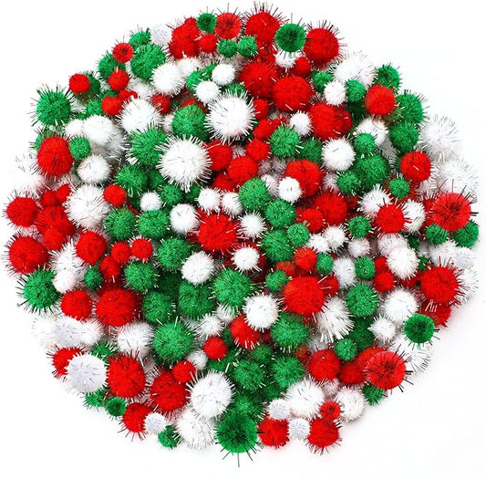 UPINS 600 Pcs Christmas Pom Poms Balls, Glitter Red Green White Craft Balls for Christmas Party DIY Creative Crafts Decorations Supplies (3 Size)