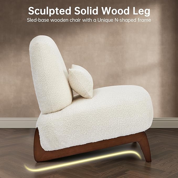 Morden Fort Boucle Chair, Upholstered Accent Chair Tilted Wooden Leg with Durable Comfy Boucle Pet-Friendly Thick Cushion & Pillow Armless Modern Chairs for Living Room Bedroom Reading, Beige