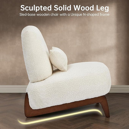 Morden Fort Boucle Chair, Upholstered Accent Chair Tilted Wooden Leg with Durable Comfy Boucle Pet-Friendly Thick Cushion & Pillow Armless Modern Chairs for Living Room Bedroom Reading, Beige