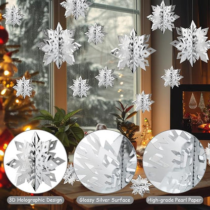 OuMuaMua Christmas Snowflake Decorations Indoor, 36PCS 3D Silver Hanging Snowflakes Garland for Winter Wonderland Decor Xmas Christmas Party Baby Shower Holiday Home Decorations